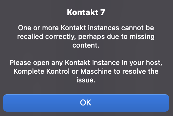 Kontaktエラーメッセージ：「Kontakt instances cannot be recalled