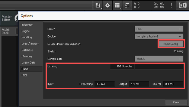 Native Instruments Kontakt 5 Player latency settings